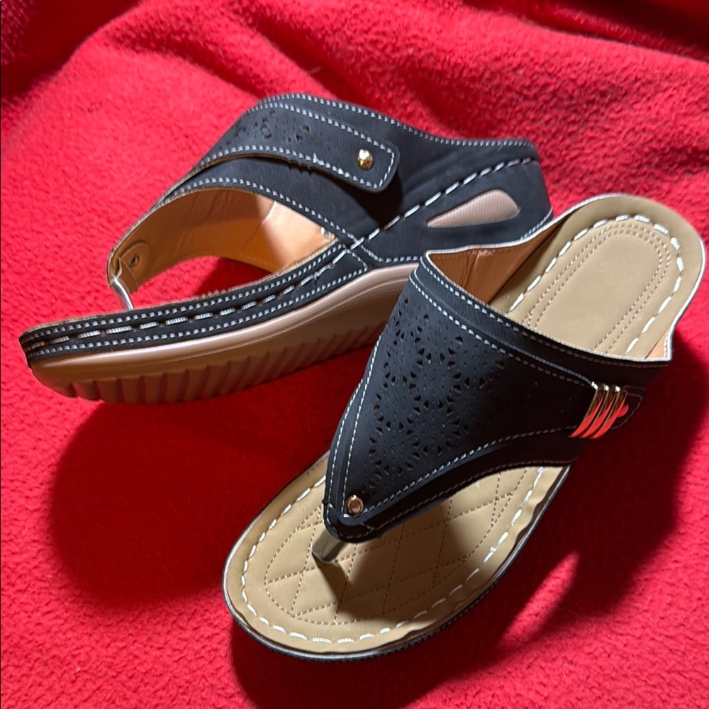 Navy blue and Tan Sandals with White Stitching